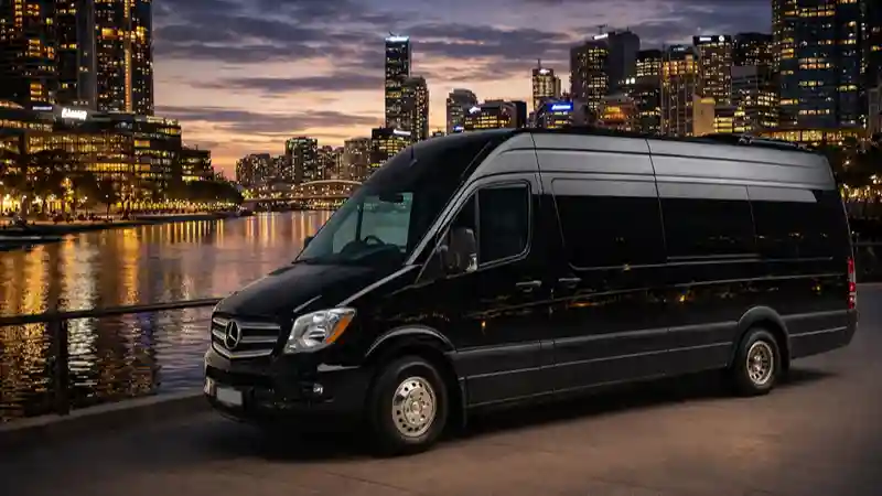 Black van by city skyline at dusk
